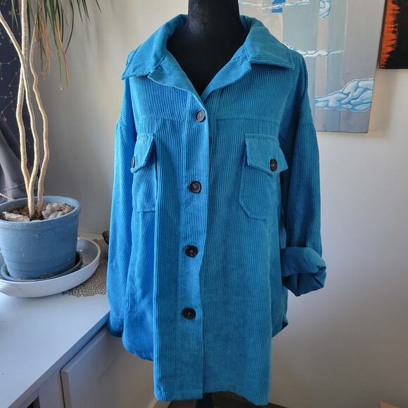 Zenana Blue Corduroy Button-Up Jacket Size L – Soft Ribbed Texture, Side Pockets - Picture 1 of 10